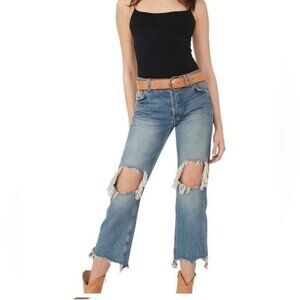 We The Free People Maggie Mid Rise Straight Jeans Button Fly Light Stone Wash 25